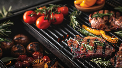 Beef steaks and assorted vegetables sizzling and grilling on a barbecue grill outdoors