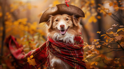 A dog with a pirate hat and scarf, showcasing a playful and humorous costume, adding charm and character to the pet