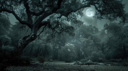 A dark and dense forest filled with numerous towering trees, creating a shadowy and eerie atmosphere