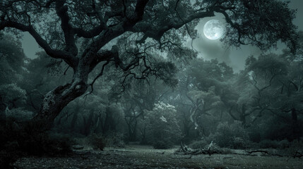 Fototapeta premium A dark and dense forest filled with numerous towering trees, creating a shadowy and eerie atmosphere