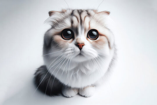 wide angle portrait sad cat on a white background