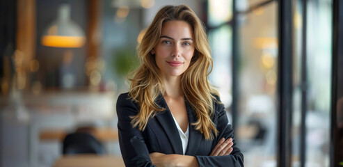 Fototapeta premium Casual professional woman smiling in a vibrant cafe setting