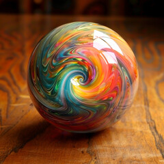 A glass ball with tie-dye swirl, very colorful, vibrant, eye-catching, 3D rendering concept design illustration.