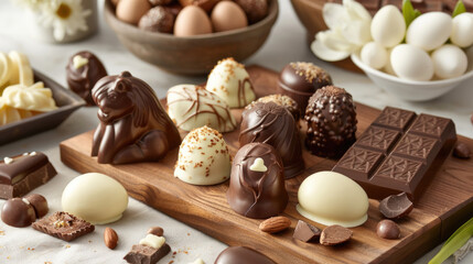 Various chocolates arranged neatly on a wooden cutting board