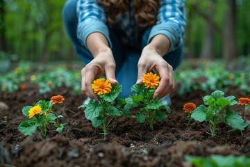 Fototapeta premium A person plants a vibrant marigold in the soil, engaging in mindful gardening.