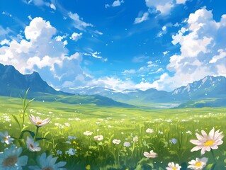 Fototapeta premium Verdant Meadow with Majestic Mountain Backdrop Under Ethereal Cloudscape