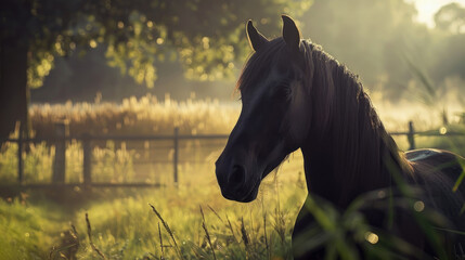 Black horse standing in green grass near a fence in a rural setting - Powered by Adobe