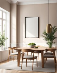 Close-up frame mockup in dining room interior, 3d rendering