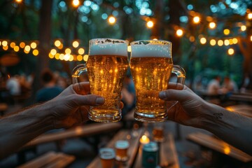 Hands clinking beer glasses with bokeh lights in an outdoor setting at dusk.