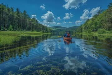 Two individuals in a kayak on a placid lake surrounded by lush greenery and clear skies.
