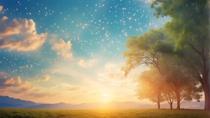Magic blur bokeh nature morning light on summer sky background idea peaceful occasion Christianity, love, and faith in the Holy Spirit - obrazy, fototapety, plakaty