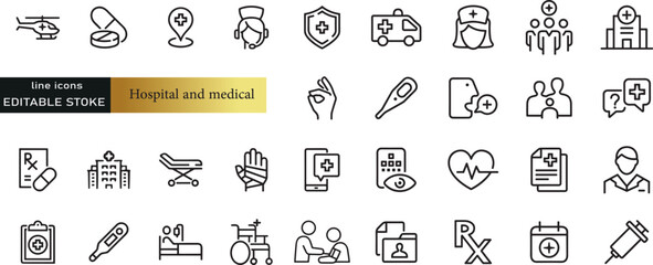 Digital healthcare and telemedicine editable stroke outline icons set isolated on white background flat vector illustration. Pixel perfect. 64 x 64.