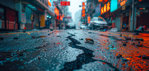 Urban decay with cracked asphalt on rainy city street