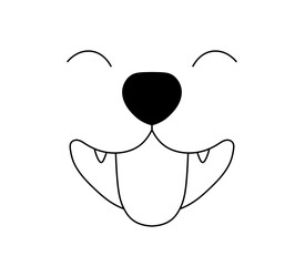 Vector isolated happy smiling dog puppy head face muzzle portrait front view colorless black and white contour line easy drawing