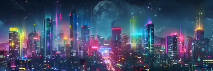 Futuristic Neon Cityscape Depicting Lively NightLife in a Bustling Metropolis