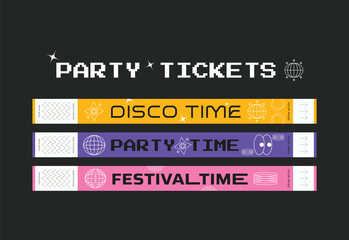 A vector set of control bracelets for a club, disco, concert, festival, event, pass to the fan zone, party in y2k style. Mockup of a bracelet in a futuristic style. Ticket for a festival