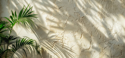 Sunlit potted palm casting soft shadows on a textured wall