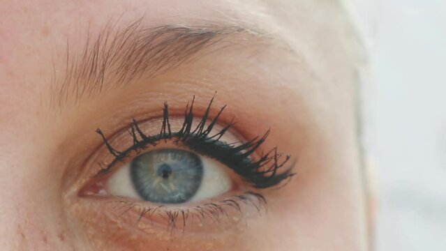 Inquadratura macro in primo piano di un occhio azzurro femminile con ciglia truccate con mascara nero ed eyeliner, concetto di bellezza, estetica, make-up e cura dello sguardo