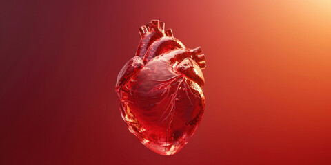 Detailed 3D ing of a human heart anatomy on a vibrant red background for medical and educational purposes