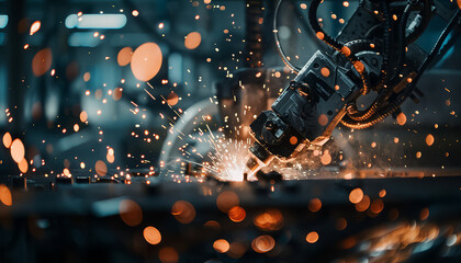 A robot is working in a factory, surrounded by sparks and debris