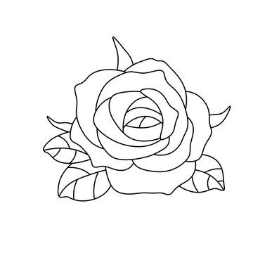Vector isolated one single rose flower with leaves  colorless black and white contour line easy drawing