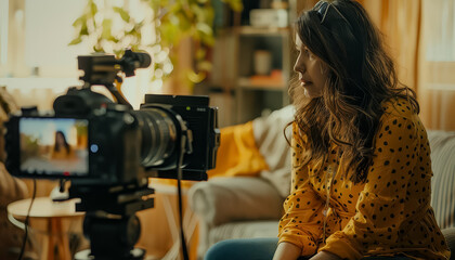 A woman in a yellow polka dot shirt is sitting at a table with a camera