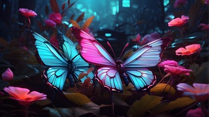 Neon-winged butterflies in a surreal digital garden artwork that combines technology and nature
