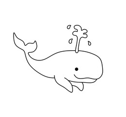 Vector isolated one single cute cartoon whale with water  fountain colorless black and white contour line easy drawing