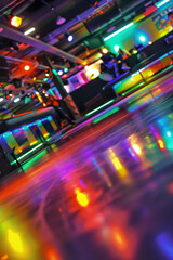 Fototapeta na wymiar 1970s roller disco: Colorful lights illuminate the rink as skaters groove to disco beats, embracing the funky fashion.