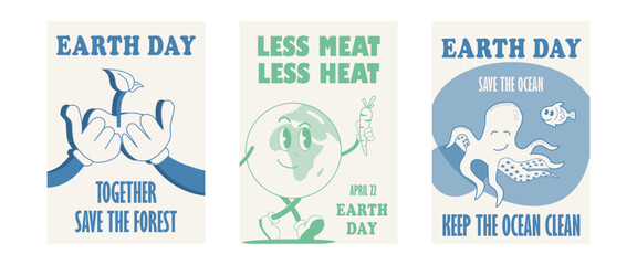 Groovy retro poster for earth day. Funny character to save the planet. Vector illustration