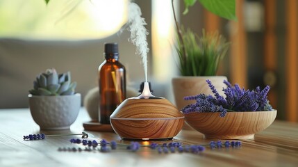 Aromatherapy Diffusers with Lavender Oil, attributing to The Attributes of God Mercy, Justice, and Love in soft background - obrazy, fototapety, plakaty
