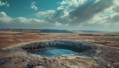 A large blue lake sits in the middle of a rocky landscape