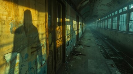 Fototapeta premium Photography Tours capturing Dancing shadows in abandoned metros, light plays with motion, in soft background