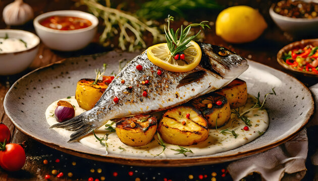 mediterrane, dorade, essen, fisch, kartoffeln, neu, modern, anlasser, board, bratkartoffeln, gem&uuml;se, gesunde, Ern&auml;hrung, ganz, ganze, ganzer