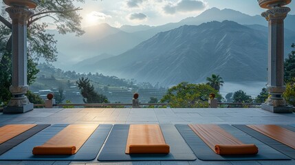 Spiritual and Wellness Retreats with Barre Workouts in Himalayan monasteries, serene and challenging, in soft background - obrazy, fototapety, plakaty
