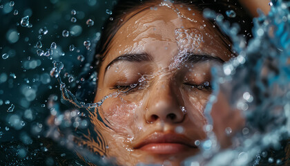 Fototapeta na wymiar A woman is in a pool of water, and the water is splashing around her face