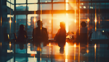 A group of people sitting at a table with a sunset in the background