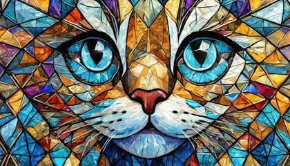 animal hybrid face, blue eyes closeup only, mustache, simple stained glass effect with black 