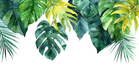 Tropical leaves watercolor illustration on a white background, vibrant and colorful botanical foliage art for design and decoration