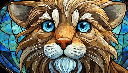 lion hybrid face, blue eyes closeup only, mustache, simple stained glass effect with black  - obrazy, fototapety, plakaty