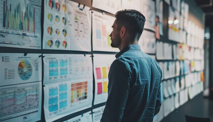 A man is looking at a wall of graphs and charts
