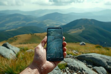 Close-up view of a hiker using smartphone's GPS app in mountain travel. The hiker embraces the digital era, using GPS to unlock nature's secrets.
