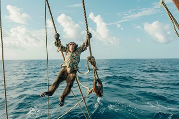 A monkey in a floral shirt swings from the mast, a wide shot framing the fun against the vast sea