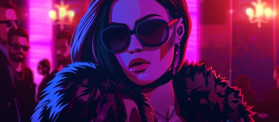 Stylish woman wearing sunglasses and fur coat standing in a brightly lit neon room