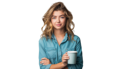 portrait of her she nice attractive cheery dreamy curious feminine wavy-haired girl holding in hands drinking mug isolated on transparent background