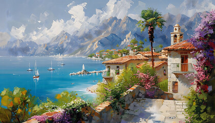 Oil painting capturing the serene beauty of a small town nestled along the shores of the Mediterranean Sea. In the background, majestic mountains rise