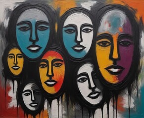 Abstract background with faces collage black and white and colours elements, psychology.