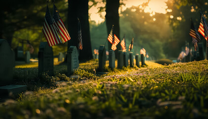 A cemetery with many American flags on the grass