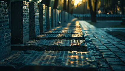 A cemetery with many gravestones and a path of leaves - obrazy, fototapety, plakaty