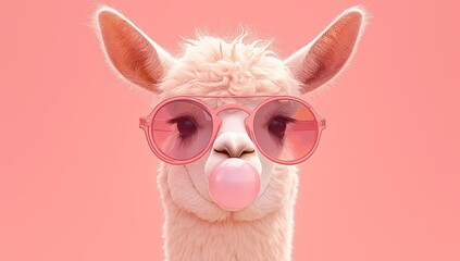 Fototapeta premium photo of cute llama wearing sunglasses blowing bubble gum, solid pink background with space